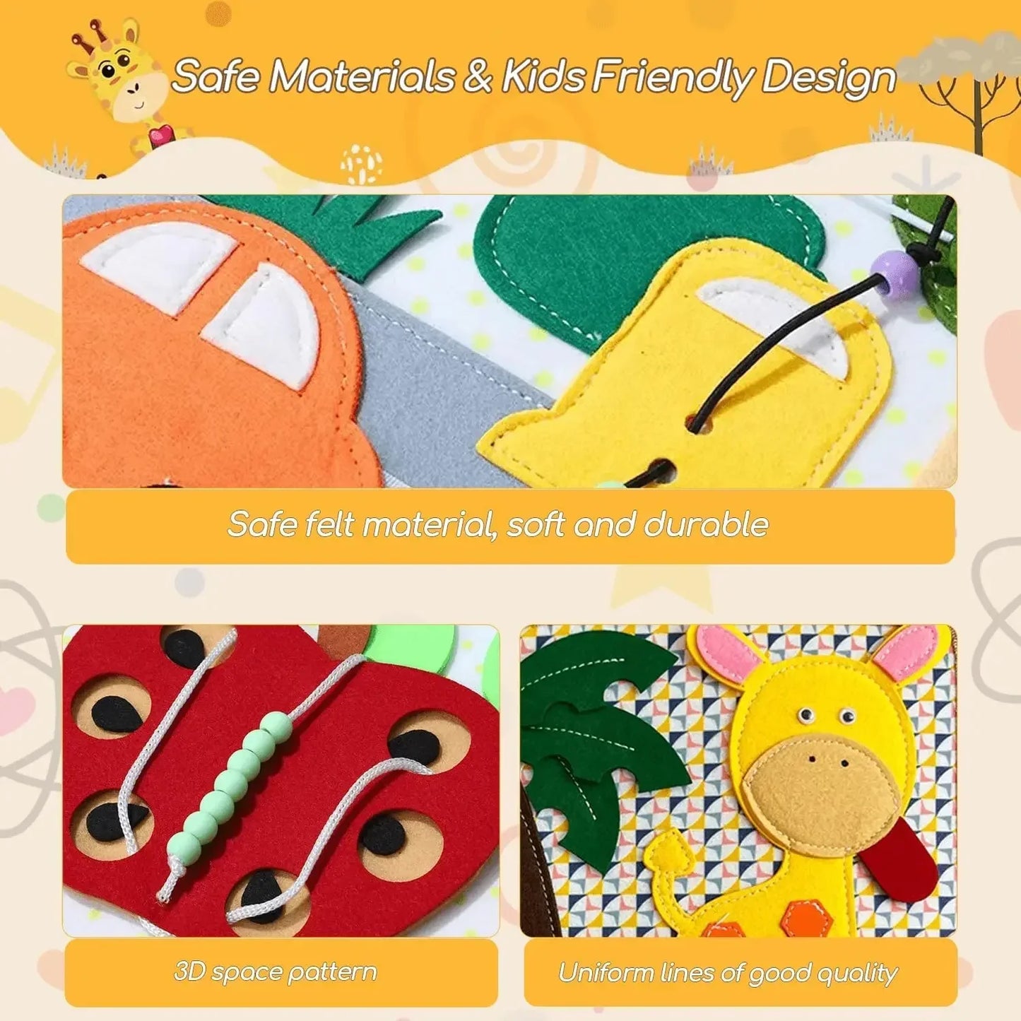 "Interactief viltboek voor peuters met diverse texturen en dieren, stimuleert zintuigen en motoriek, ideaal voor thuis en rei