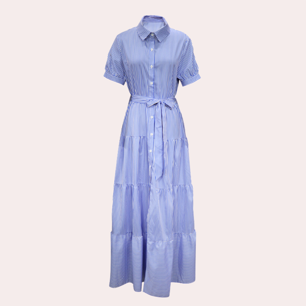 "Irina gestreepte maxi-jurk voor dames, met ceintuur, blauw en groen, zomerse uitstraling, elegant en comfortabel."