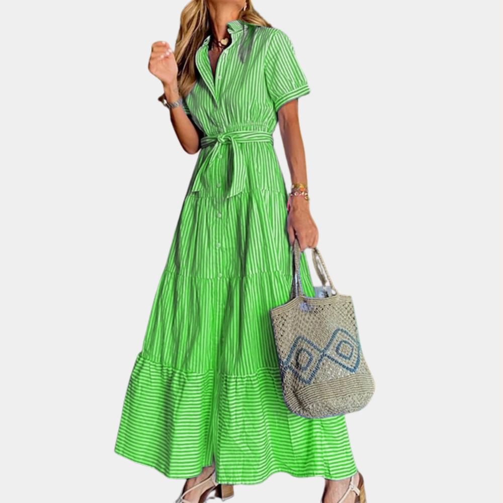 "Irina gestreepte maxi-jurk voor dames, met ceintuur, blauw en groen, zomerse uitstraling, elegant en comfortabel."