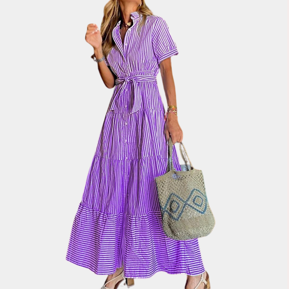 "Irina gestreepte maxi-jurk voor dames, met ceintuur, blauw en groen, zomerse uitstraling, elegant en comfortabel."