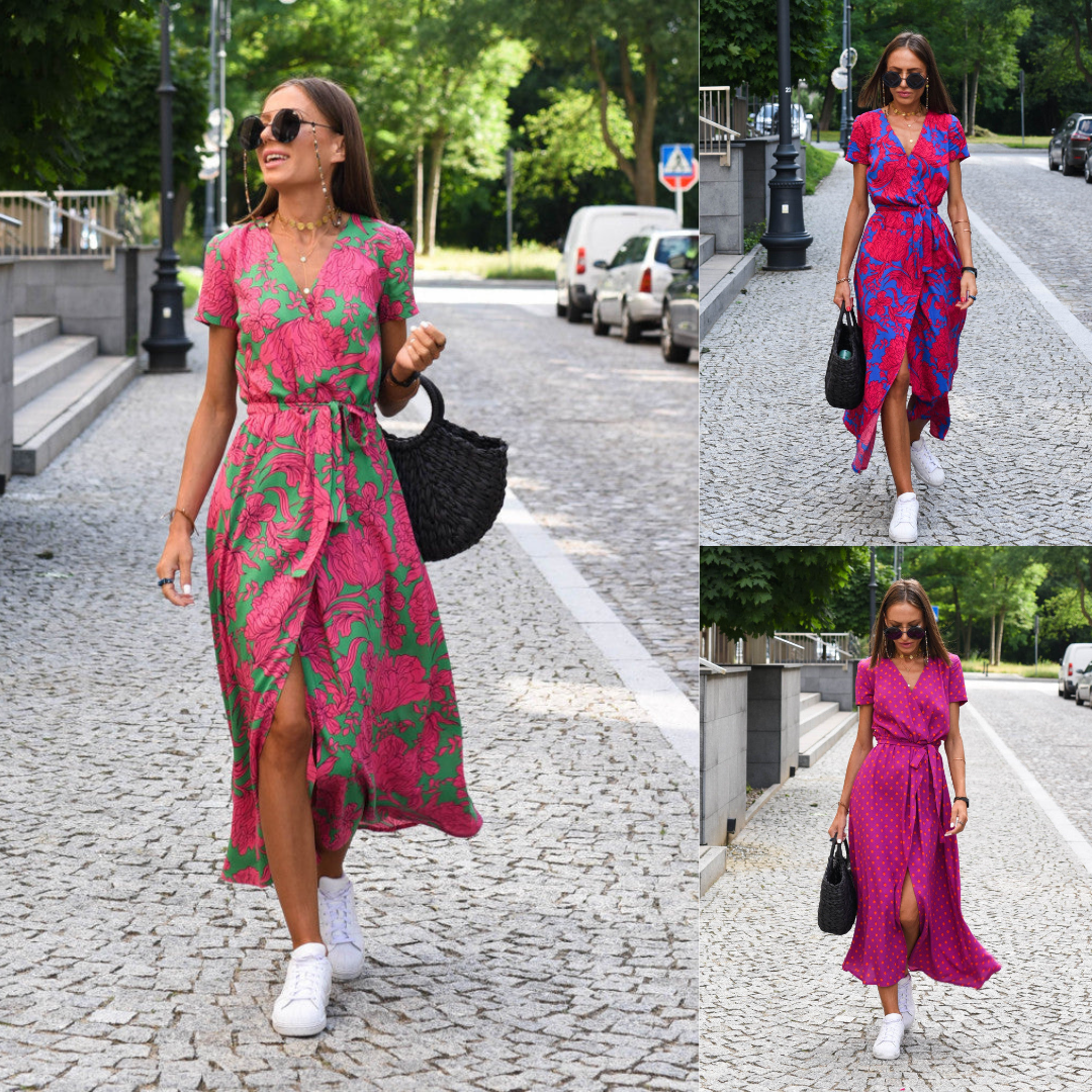 "Jade maxi jurk met levendige bloemenprint, V-hals en hoge split; ideale zomerse damesjurk voor strand of feest."