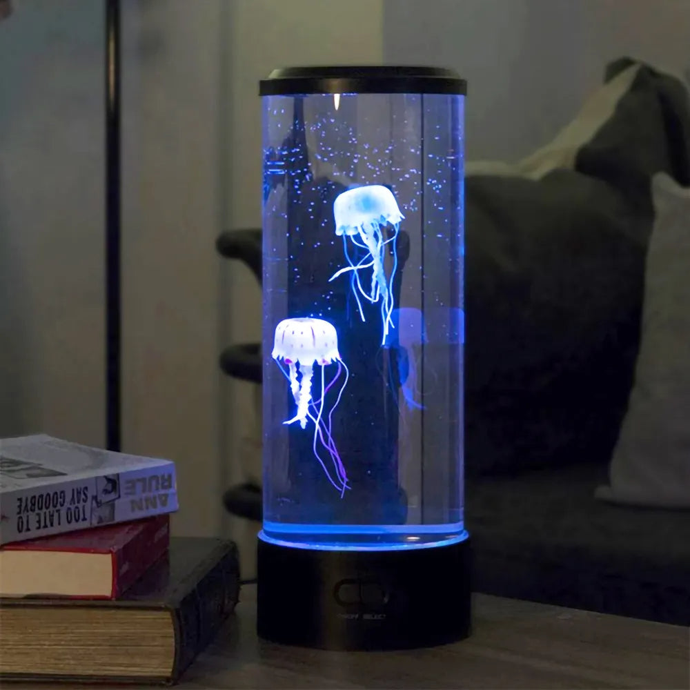 "Jellyfish tafellamp met kleurrijk LED-licht, realistisch bewegende kwallen, creëert rustgevende oceaansfeer voor thuis."