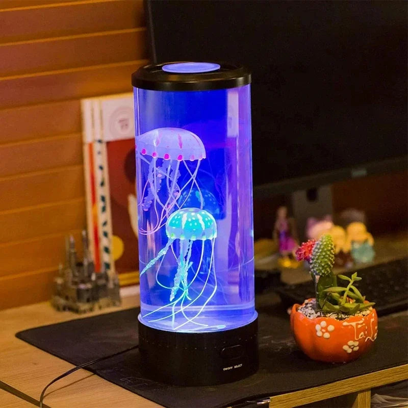 "Jellyfish tafellamp met kleurrijk LED-licht, realistisch bewegende kwallen, creëert rustgevende oceaansfeer voor thuis."