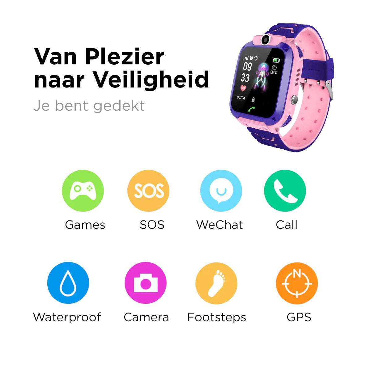 "JuniorSafe kinder smartwatch met GPS, kleurentouchscreen en educatieve spelletjes, ideale veiligheid en speelplezier"