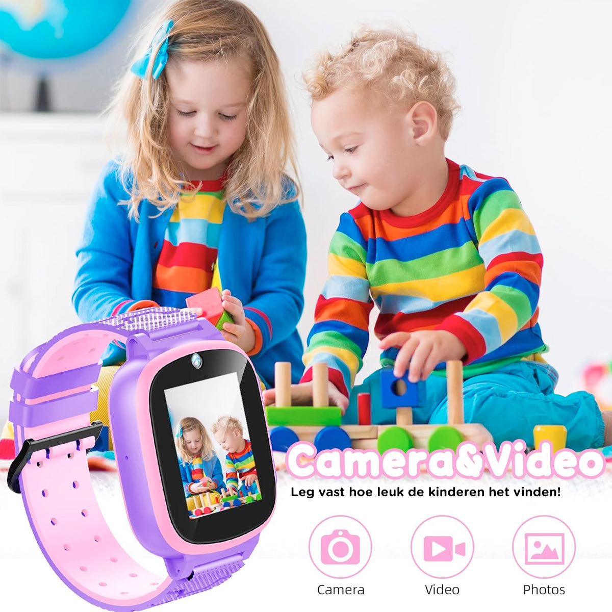 "JuniorSafe kinder smartwatch met GPS, kleurentouchscreen en educatieve spelletjes, ideale veiligheid en speelplezier"