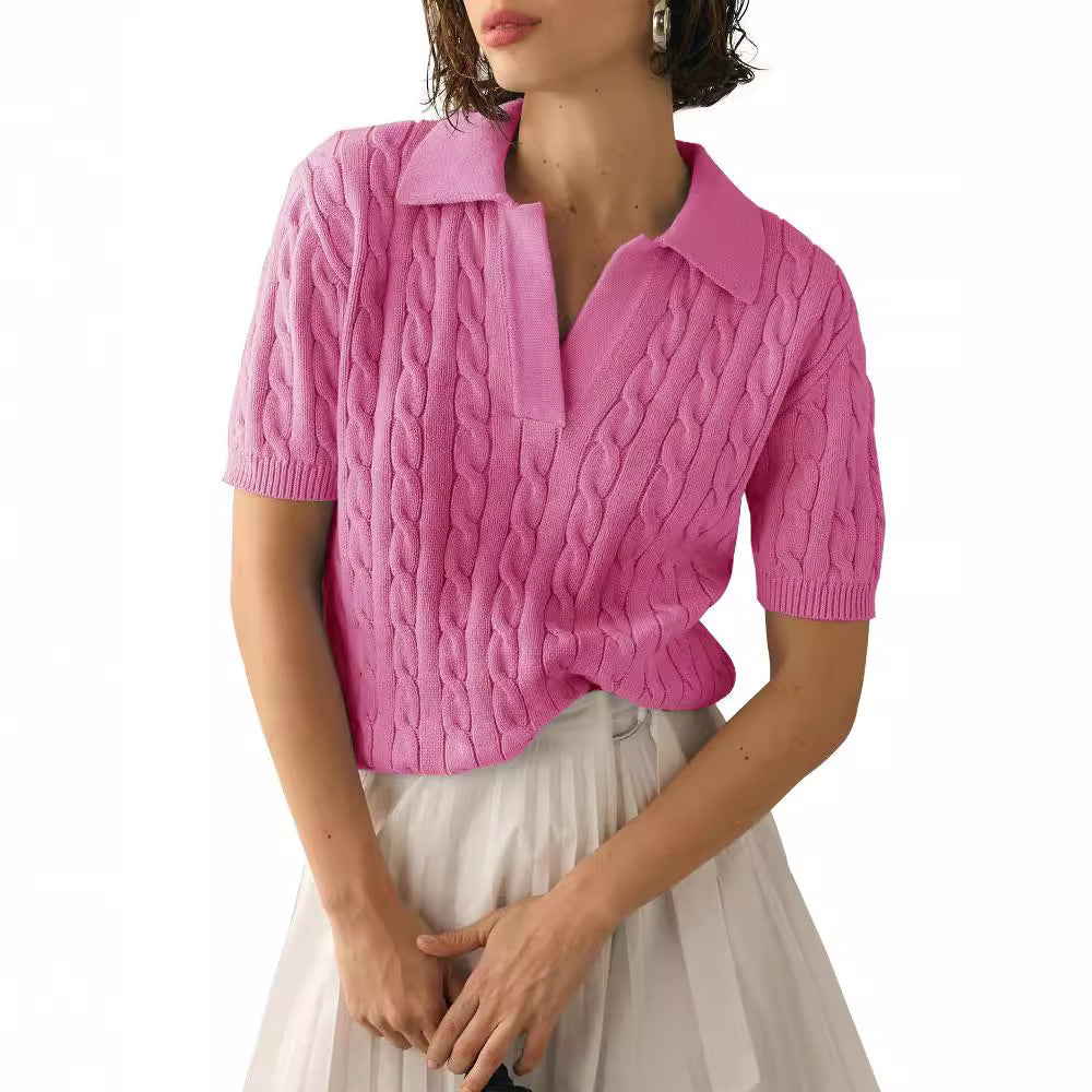 "Kabelgebreide dames top met reverskraag, korte mouwen, elegante textuur, ideaal voor casual en formele looks."