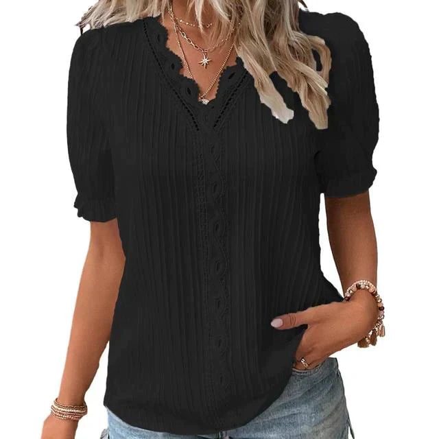 "Kanten blouse korte mouwen, elegante witte stof, perfect voor formele en casual gelegenheden, ademend en stijlvol."