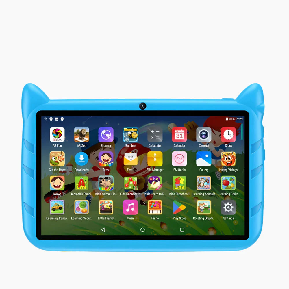 "Kindertablet met 7-inch scherm, Android 13, 5G WiFi, 4GB RAM, 64GB ROM, voorkant, ideaal voor educatie en fun"