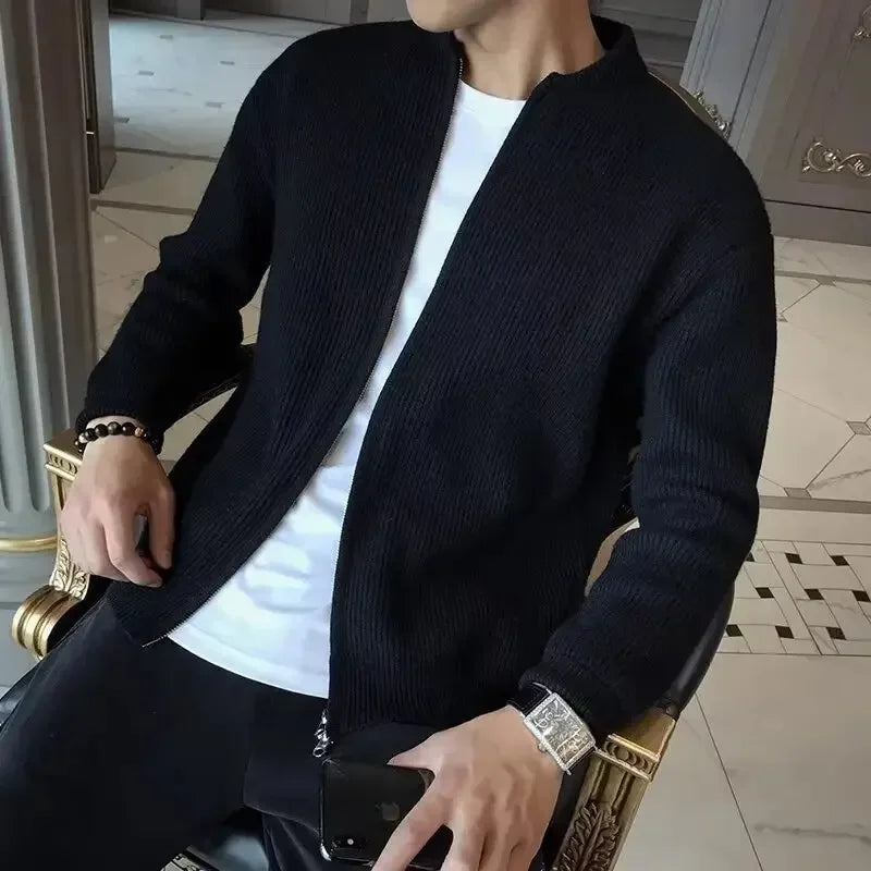 "Klassieke herensweater met ritssluiting, beige kleur, lange mouwen, katoenen stof, veelzijdig voor casual en formele gelegen