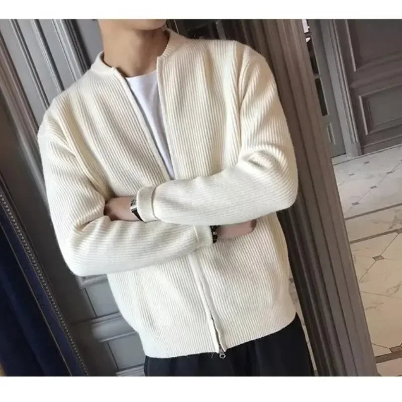 "Klassieke herensweater met ritssluiting, beige kleur, lange mouwen, katoenen stof, veelzijdig voor casual en formele gelegen