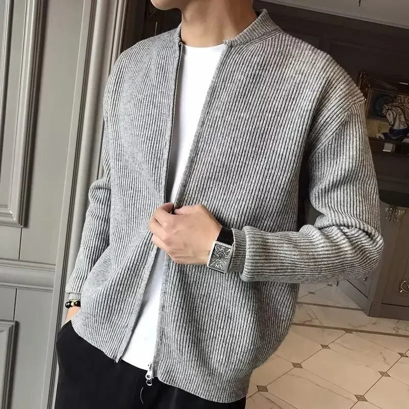 "Klassieke herensweater met ritssluiting, beige kleur, lange mouwen, katoenen stof, veelzijdig voor casual en formele gelegen
