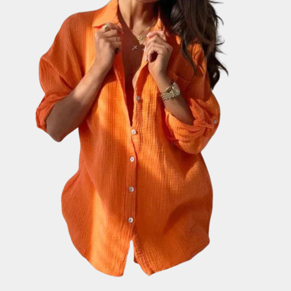 Kleurrijke dames blouse, luchtig design, button-up, levendige kleuren oranje, roze, grijs en blauwgroen, zomer top.