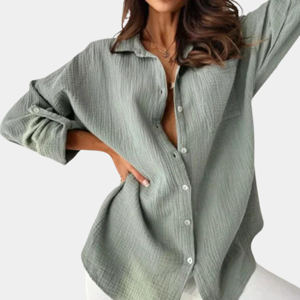 Kleurrijke dames blouse, luchtig design, button-up, levendige kleuren oranje, roze, grijs en blauwgroen, zomer top.