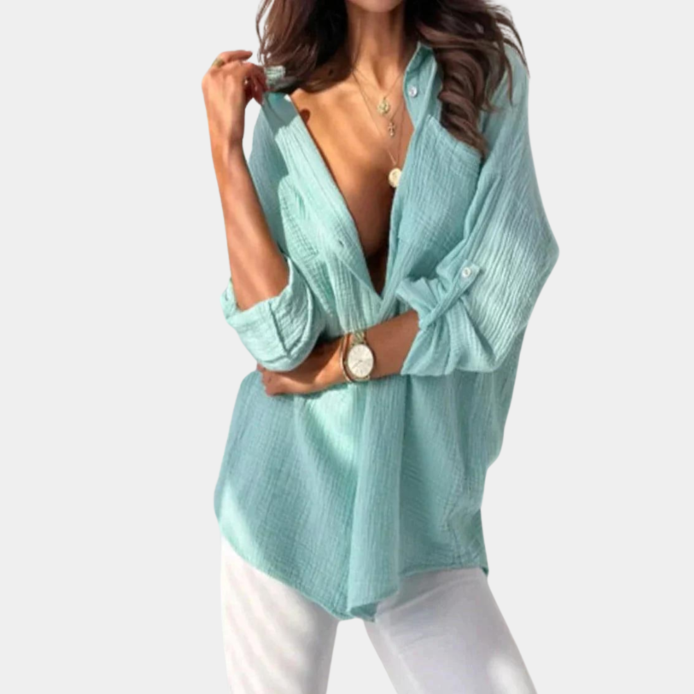 Kleurrijke dames blouse, luchtig design, button-up, levendige kleuren oranje, roze, grijs en blauwgroen, zomer top.