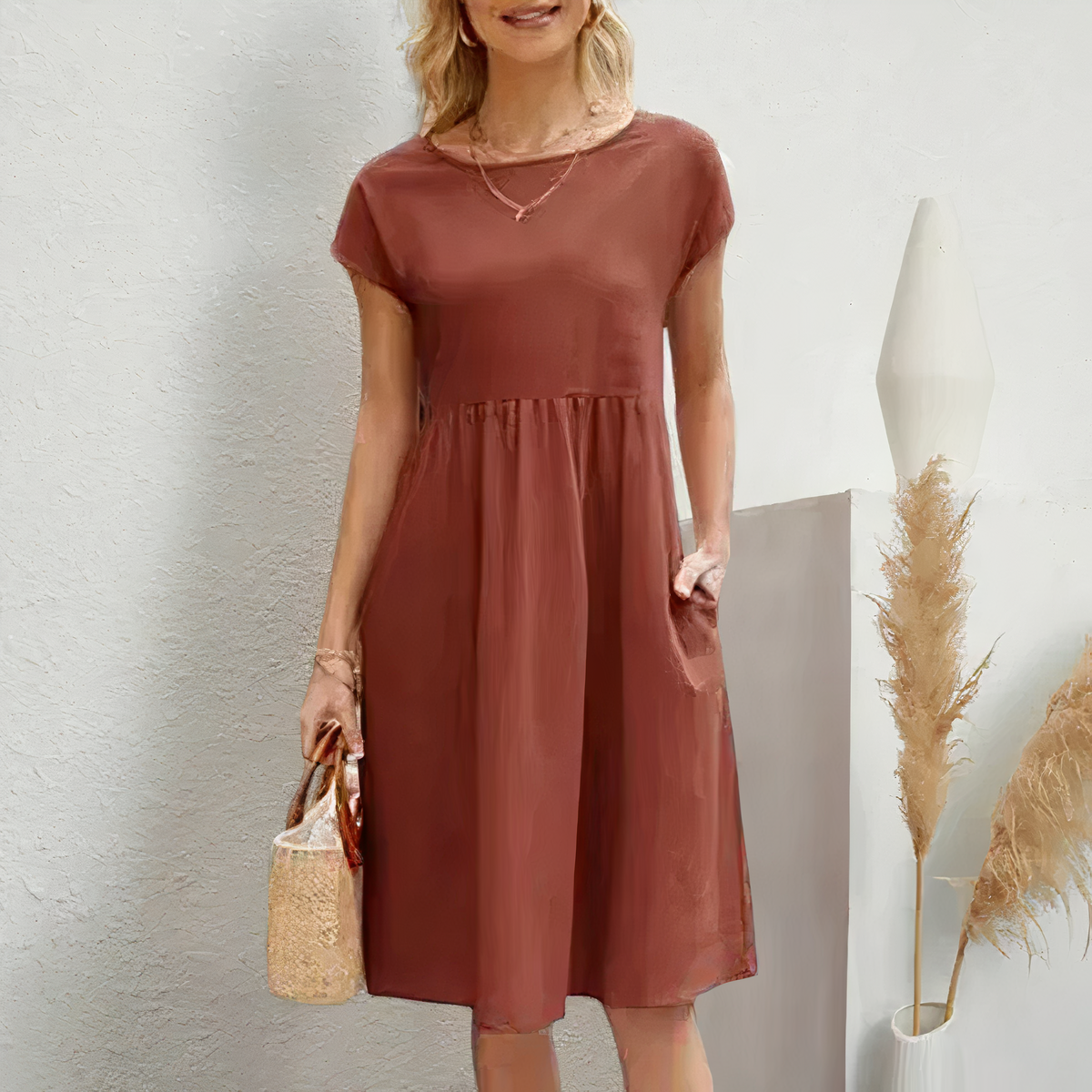 "Knielange zomerjurk dames in katoen met zakken, elegante en comfortabele pasvorm voor casual en feestelijke momenten."
