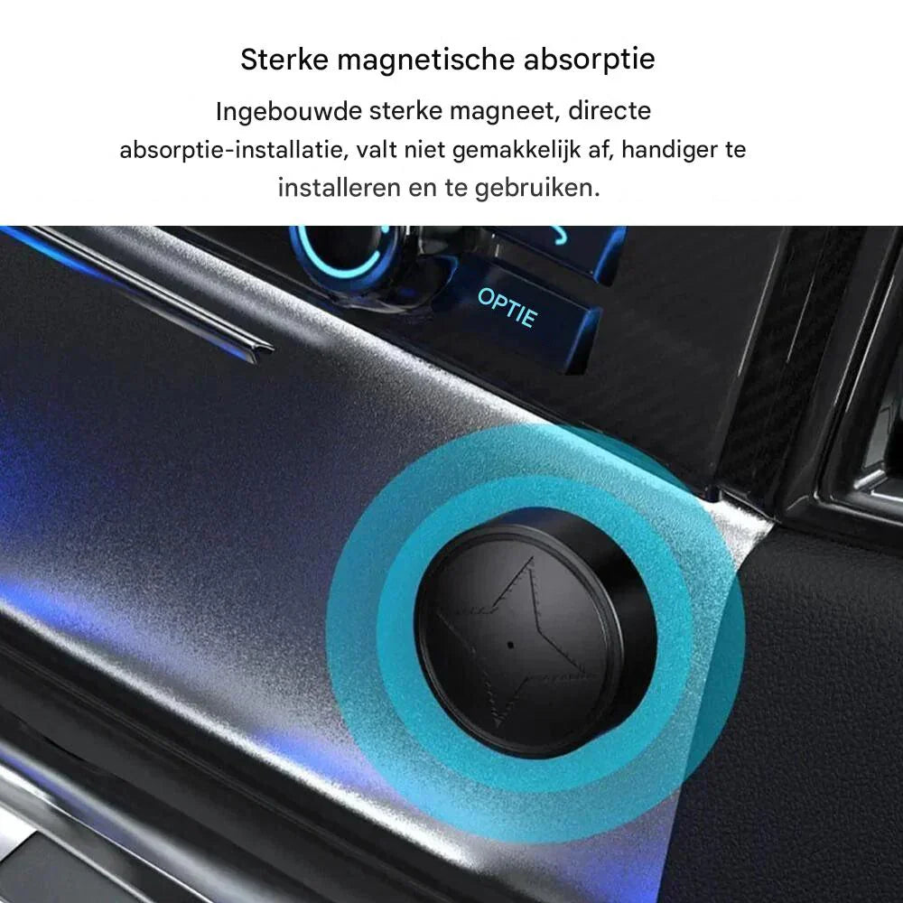 "Krachtige magnetische GPS-tracker, zwart, water- en schokbestendig, metalen bevestiging voor realtime voertuigtracking."