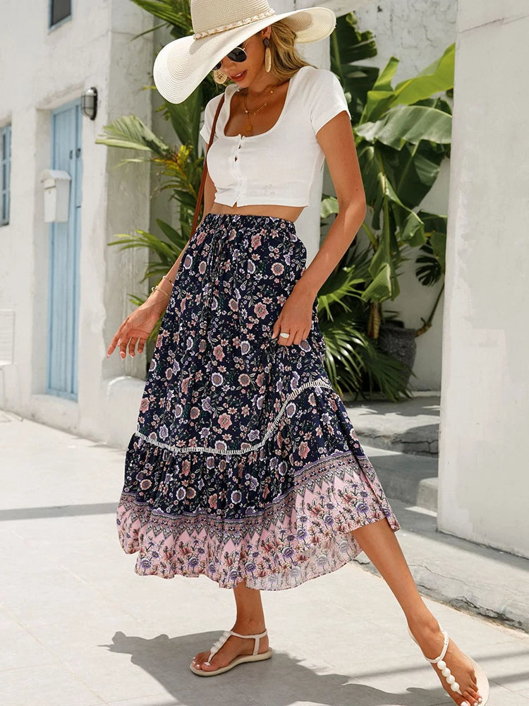 "Lange Boho-rok dames met bloemenprint, elastische taille, luchtige stof, A-lijn pasvorm, ideaal voor zomer"