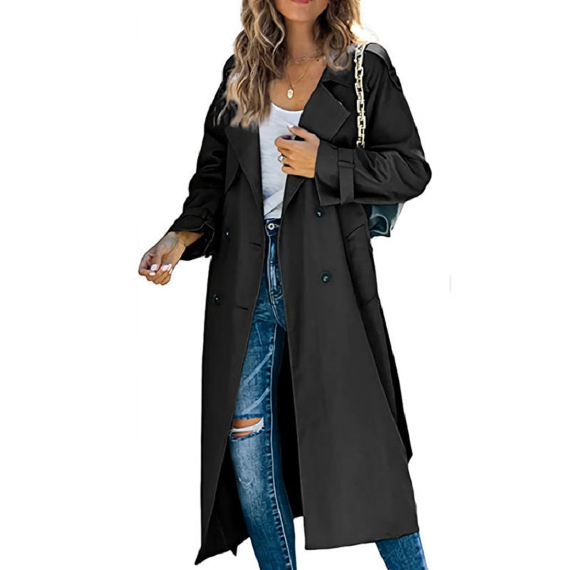 Lange dames trenchcoat van katoenmix in beige, met slank silhouet en riem, ideaal voor elk seizoen.