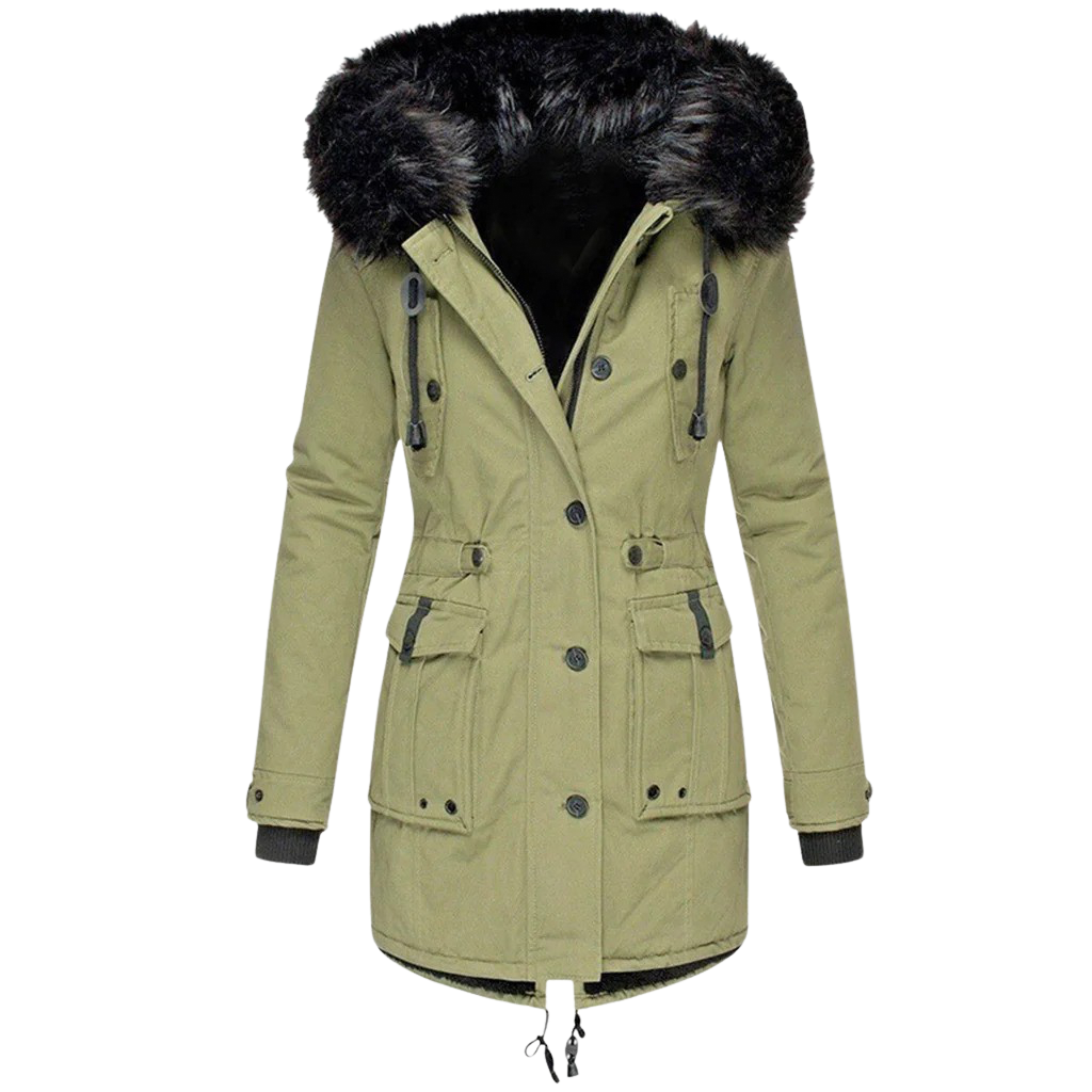 Lange dames winterjas met capuchon, gewatteerde stof en stevige rits, voor stijlvolle warmte en bescherming in de winter.