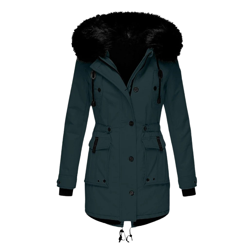 Lange dames winterjas met capuchon, gewatteerde stof en stevige rits, voor stijlvolle warmte en bescherming in de winter.