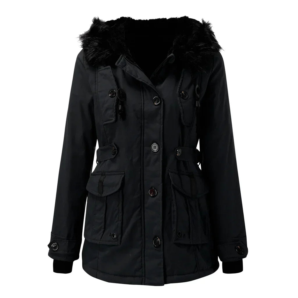 Lange dames winterjas met capuchon, gewatteerde stof en stevige rits, voor stijlvolle warmte en bescherming in de winter.