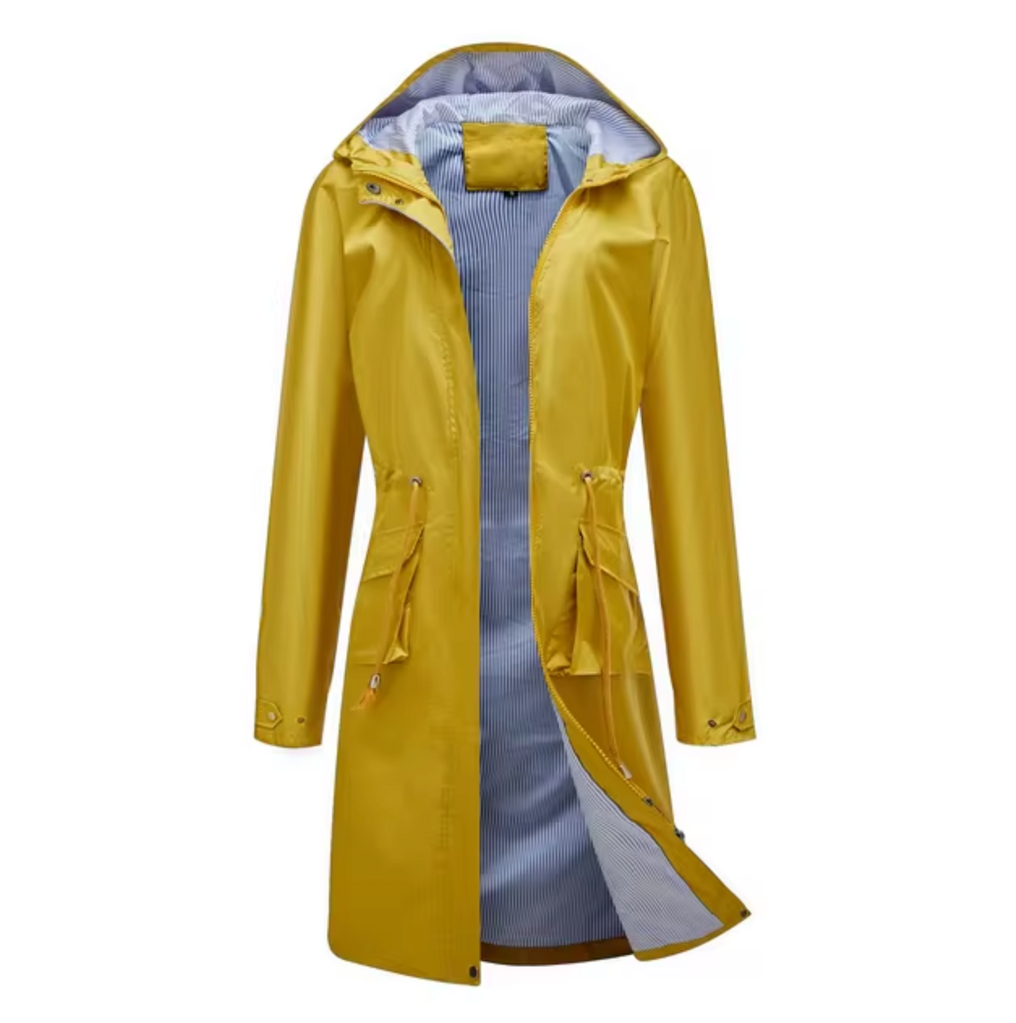 "Lange waterdichte damesjas met capuchon, beschermt tegen regen en wind, flatterend silhouet, outdoor gebruik."