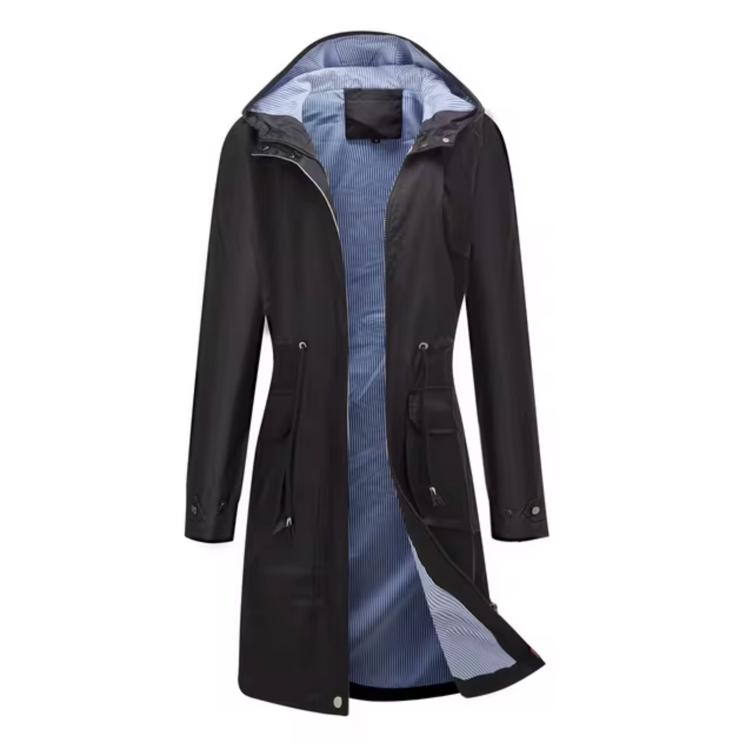 "Lange waterdichte damesjas met capuchon, beschermt tegen regen en wind, flatterend silhouet, outdoor gebruik."