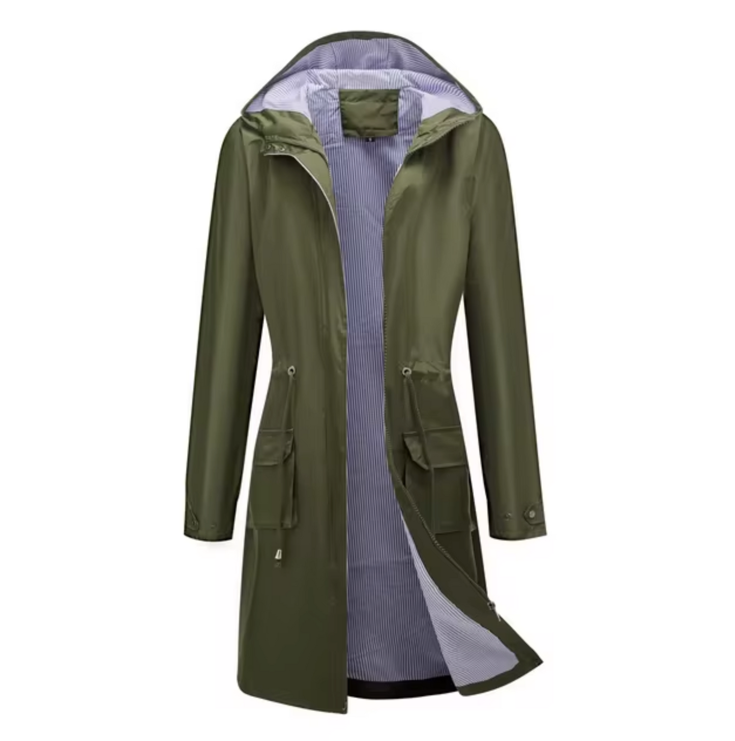 "Lange waterdichte damesjas met capuchon, beschermt tegen regen en wind, flatterend silhouet, outdoor gebruik."