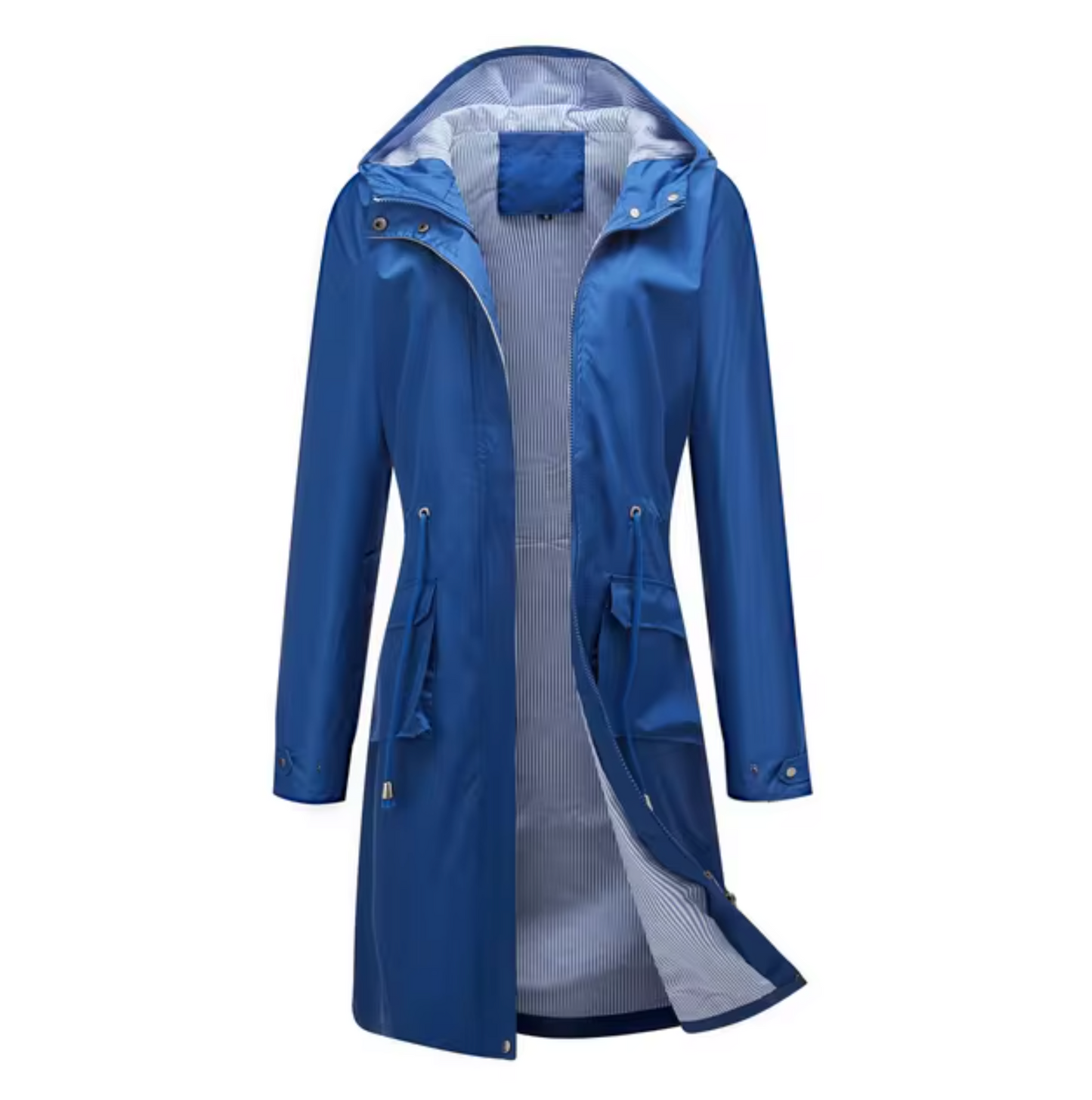 "Lange waterdichte damesjas met capuchon, beschermt tegen regen en wind, flatterend silhouet, outdoor gebruik."