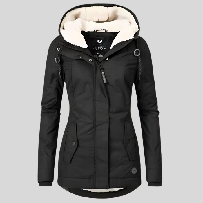 "Lange winterjas, waterdicht, met capuchon en zachte voering voor dames, biedt style en bescherming voor koud weer."