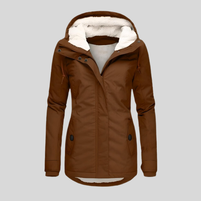"Lange winterjas, waterdicht, met capuchon en zachte voering voor dames, biedt style en bescherming voor koud weer."