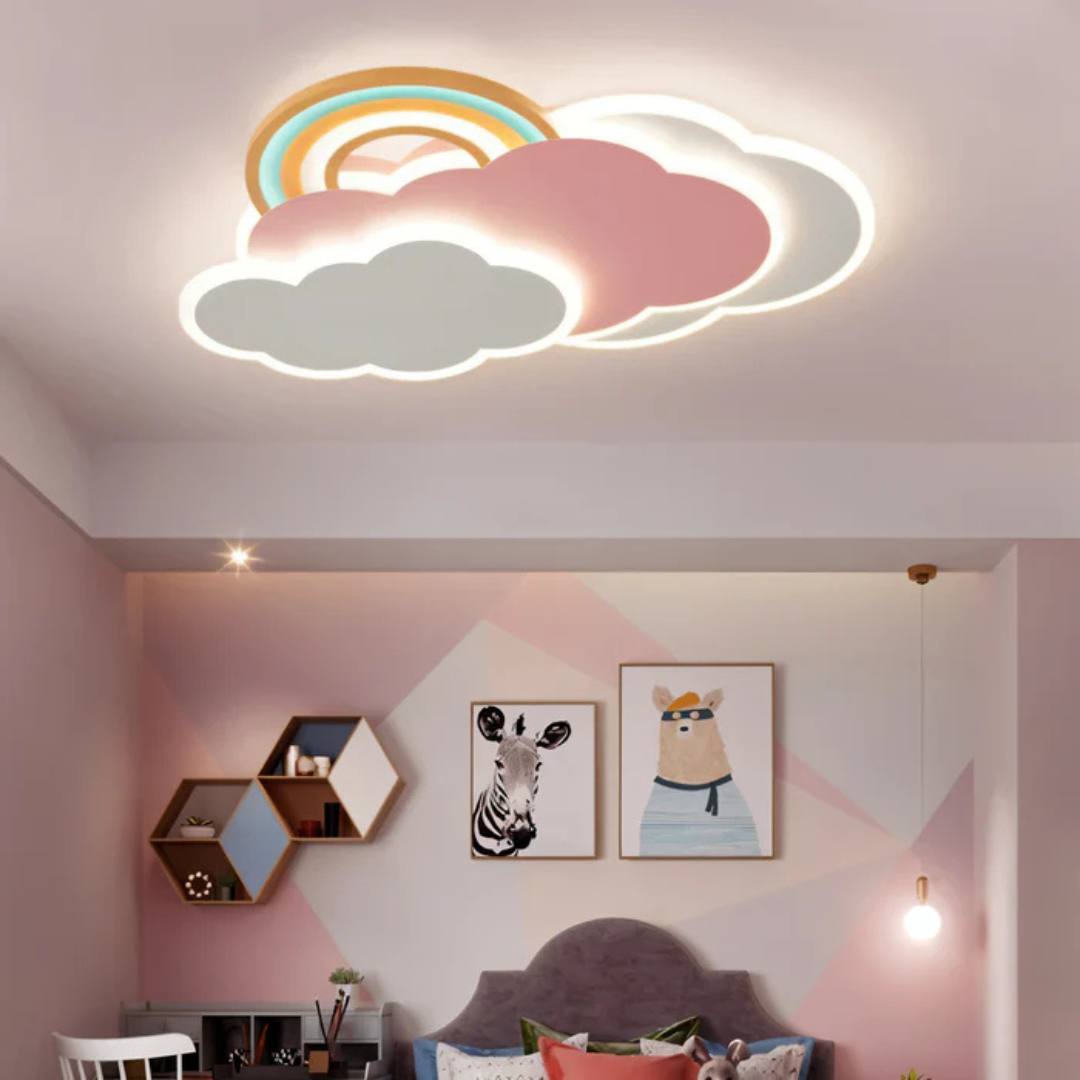 LED plafondlamp kinderkamer met kleurrijk regenbooglicht en wolkenmotieven, creëert magische sfeer en energiezuinig.