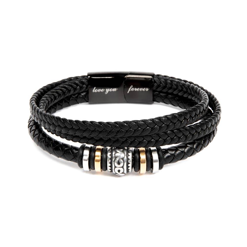 "Leren armband voor zoon met 'Love You Forever' gravure, gemaakt van bruin leer en roestvrij staal, stijlvol en emotioneel."