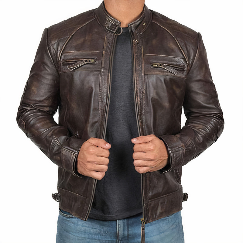 "Leren motorjack heren, stoere vintage look, robuust leer met bescherming, geschikt voor ritten en casual uitjes."