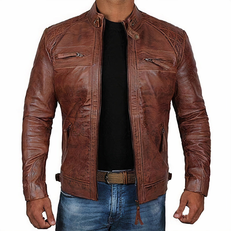 "Leren motorjack heren, stoere vintage look, robuust leer met bescherming, geschikt voor ritten en casual uitjes."
