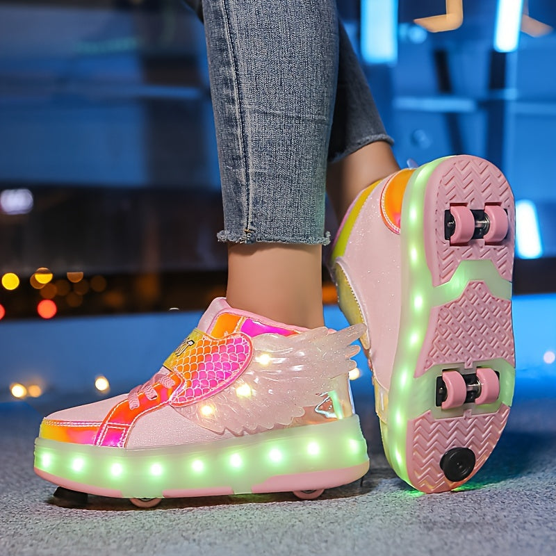 Lichtgevende oplaadbare kindervleugel rolschaats-sneakers met kleurrijke LED-verlichting en speelse vleugels voor avonturiers
