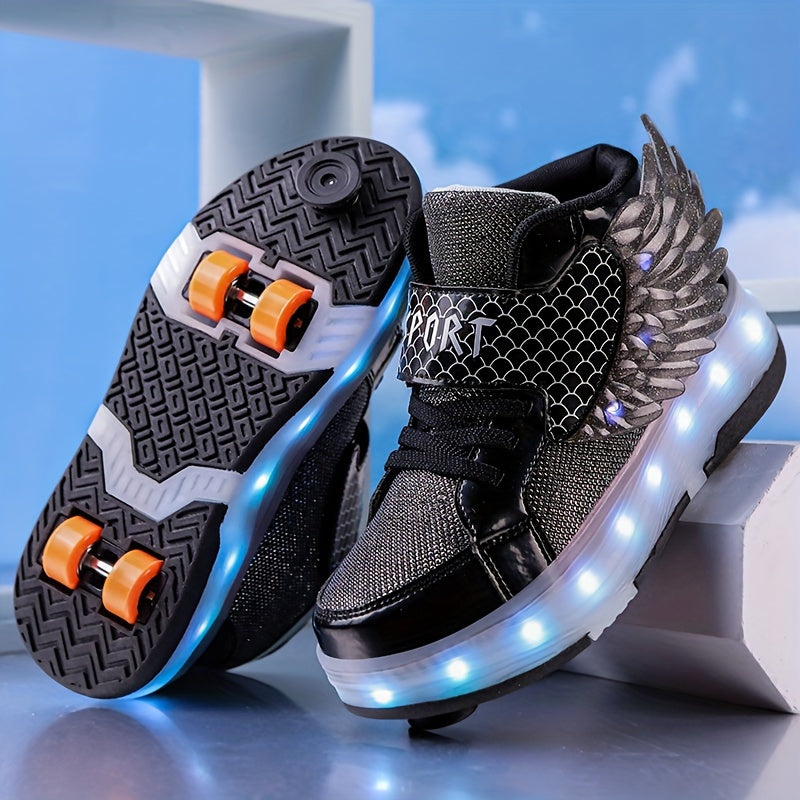 Lichtgevende oplaadbare kindervleugel rolschaats-sneakers met kleurrijke LED-verlichting en speelse vleugels voor avonturiers