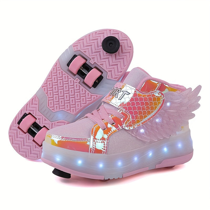Lichtgevende oplaadbare kindervleugel rolschaats-sneakers met kleurrijke LED-verlichting en speelse vleugels voor avonturiers