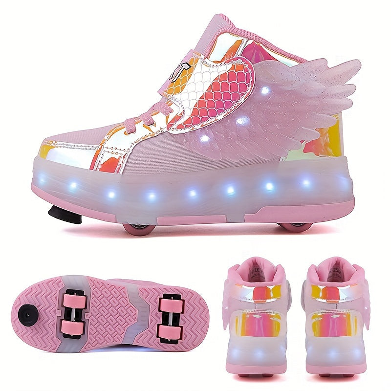 Lichtgevende oplaadbare kindervleugel rolschaats-sneakers met kleurrijke LED-verlichting en speelse vleugels voor avonturiers