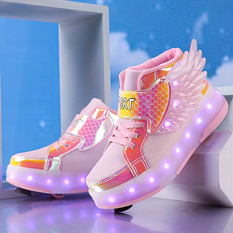 Lichtgevende oplaadbare kindervleugel rolschaats-sneakers met kleurrijke LED-verlichting en speelse vleugels voor avonturiers