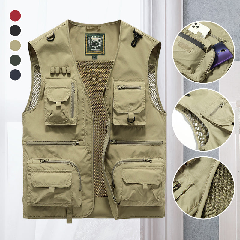 "Lichtgewicht ademend outdoorvest met meerdere zakken, ideaal voor wandelen en kamperen. Stijlvol en functioneel ontwerp."