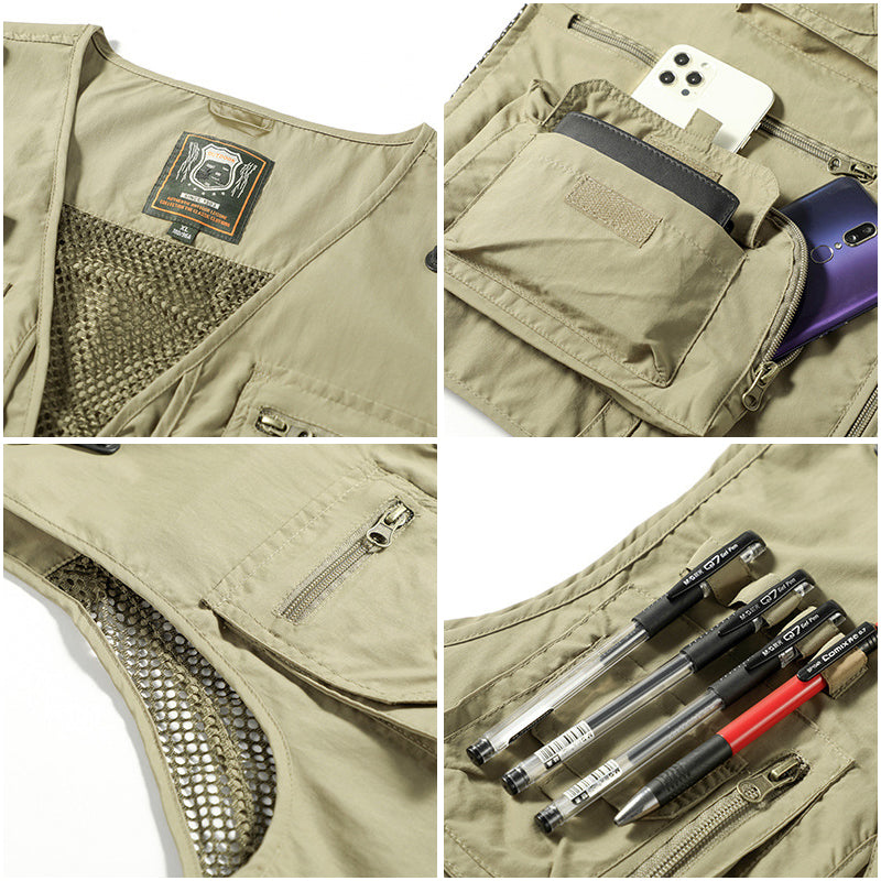 "Lichtgewicht ademend outdoorvest met meerdere zakken, ideaal voor wandelen en kamperen. Stijlvol en functioneel ontwerp."