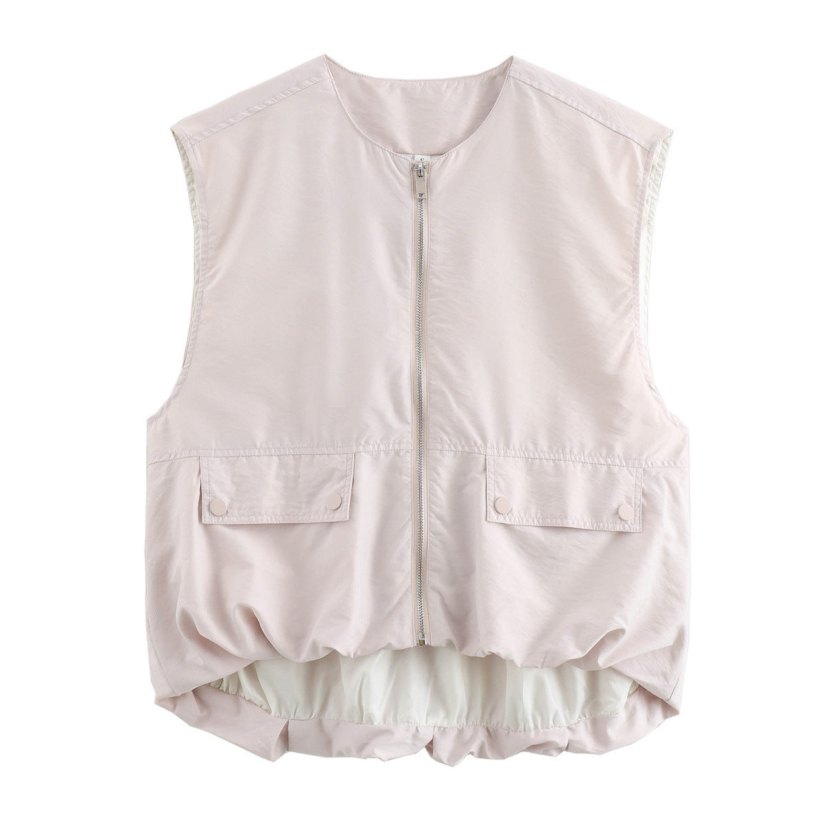 "Lichtgewicht beige mouwloos vest voor dames, met ritssluiting en klepzakken, perfect voor zowel sportieve als casual outfits