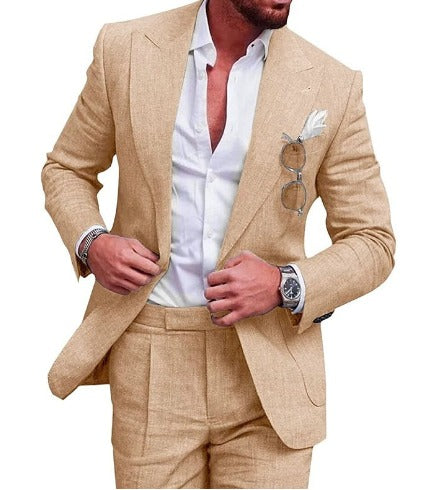 "Lichtgewicht linnen blazer en broek set voor heren, 2-delig, slim fit, ideaal voor bruiloften en formele events."