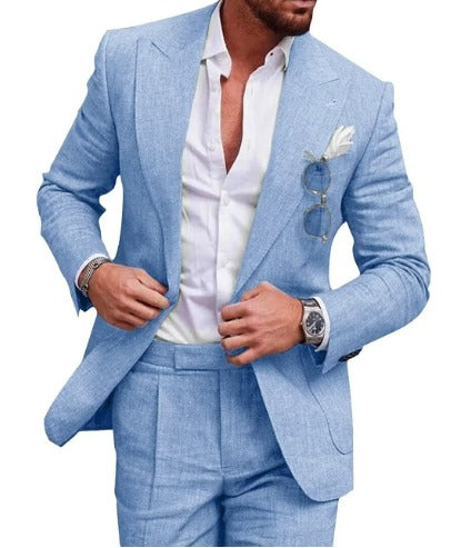 "Lichtgewicht linnen blazer en broek set voor heren, 2-delig, slim fit, ideaal voor bruiloften en formele events."