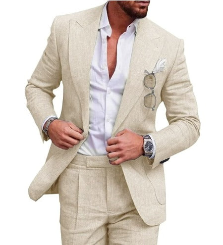 "Lichtgewicht linnen blazer en broek set voor heren, 2-delig, slim fit, ideaal voor bruiloften en formele events."
