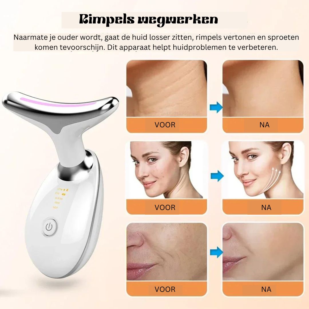 "LiftGlow EMS apparaat, handzaam design, grijs, voor verjongende gezicht- en halsbehandeling, verhoogt stevigheid."