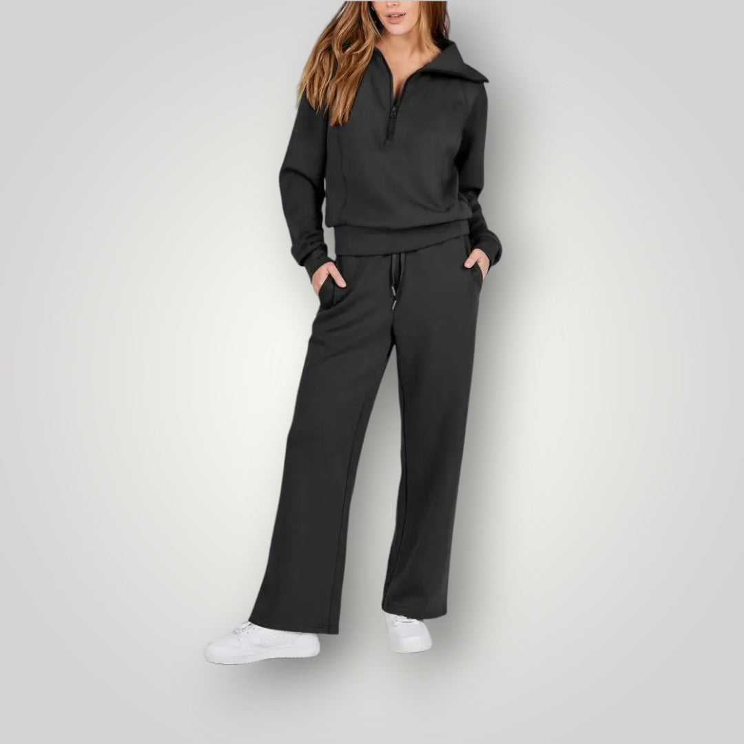"Lilou luxe loungewear set voor dames, zachte neutrale tinten, gecoördineerd sweatshirt en sweatpants, stijlvol en comfortabe