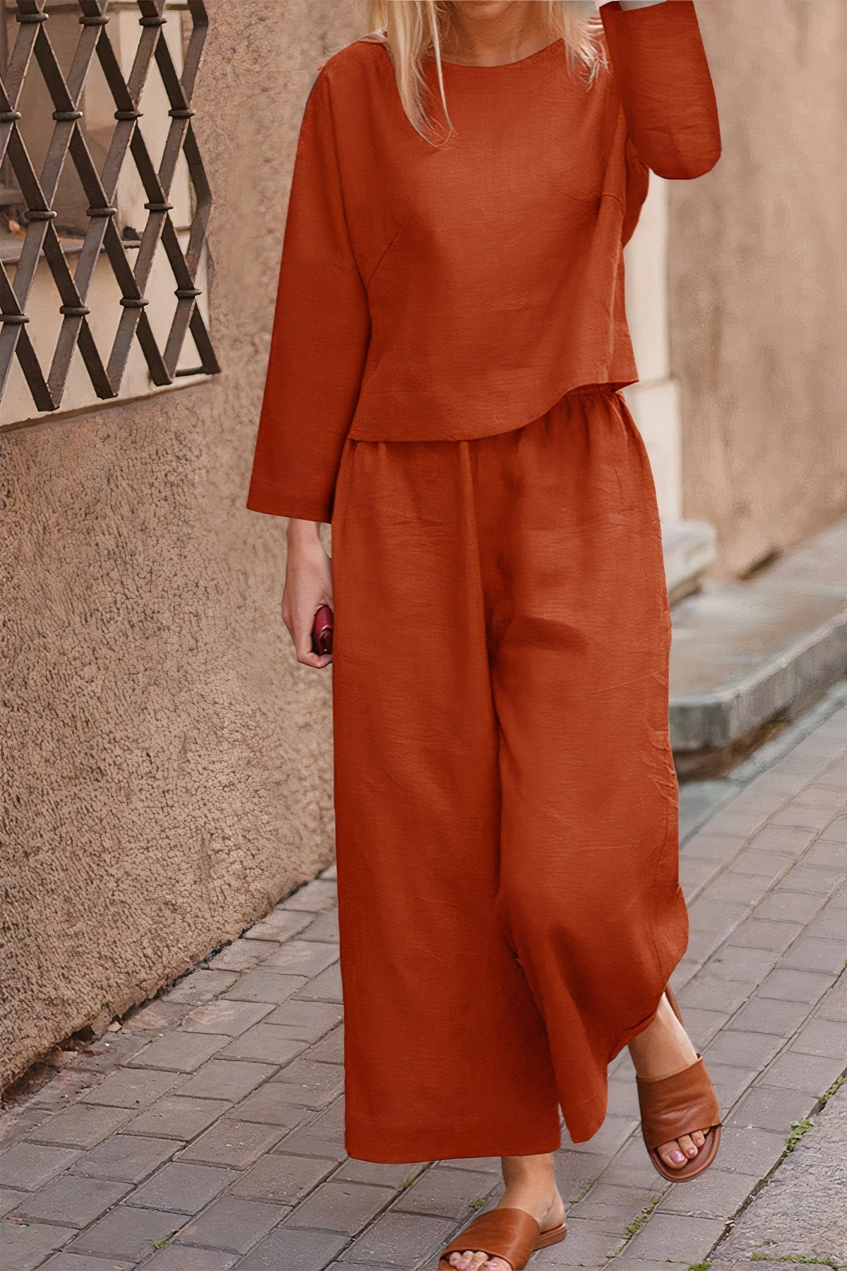 Linnen blouse en broek set - luchtige stof, elegante stijl, diverse kleuren, comfortabele pasvorm, damesmode.