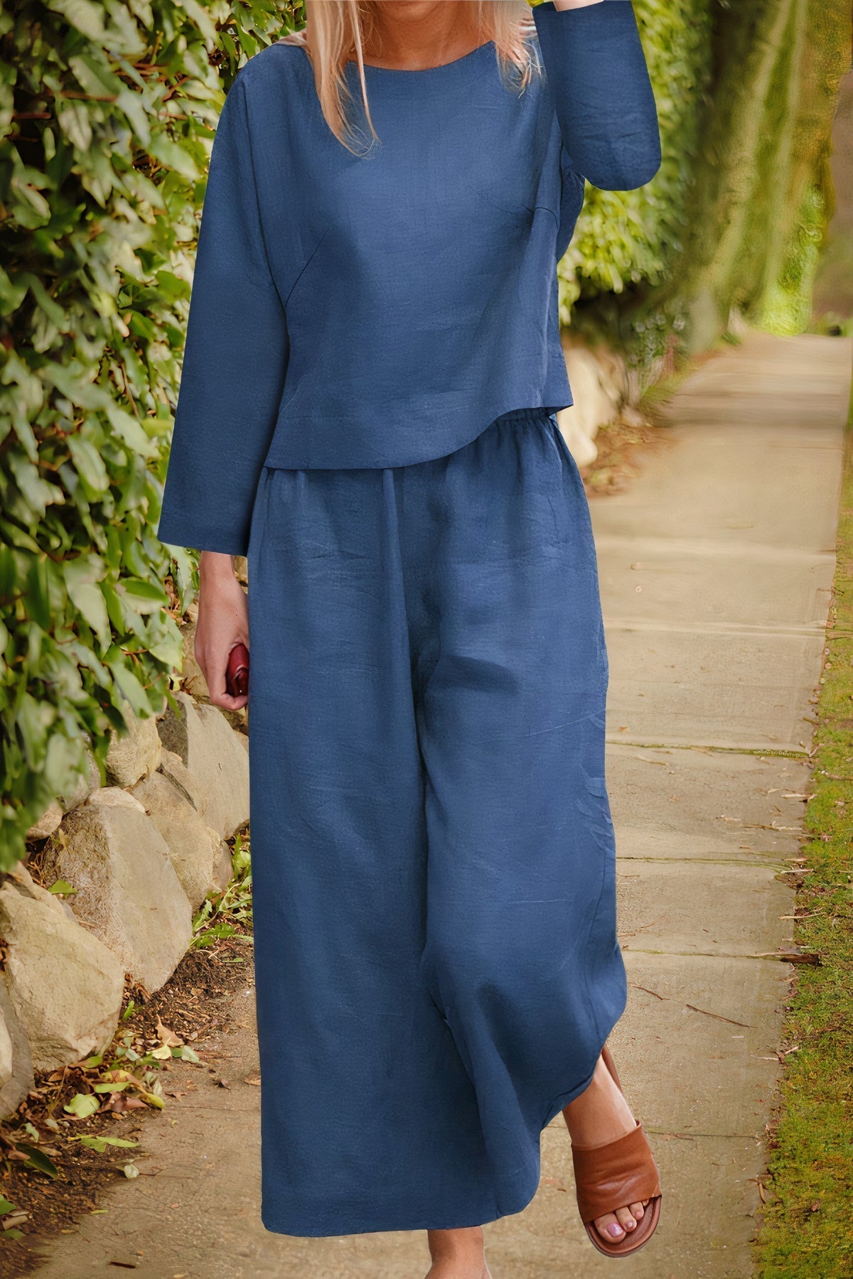 Linnen blouse en broek set - luchtige stof, elegante stijl, diverse kleuren, comfortabele pasvorm, damesmode.